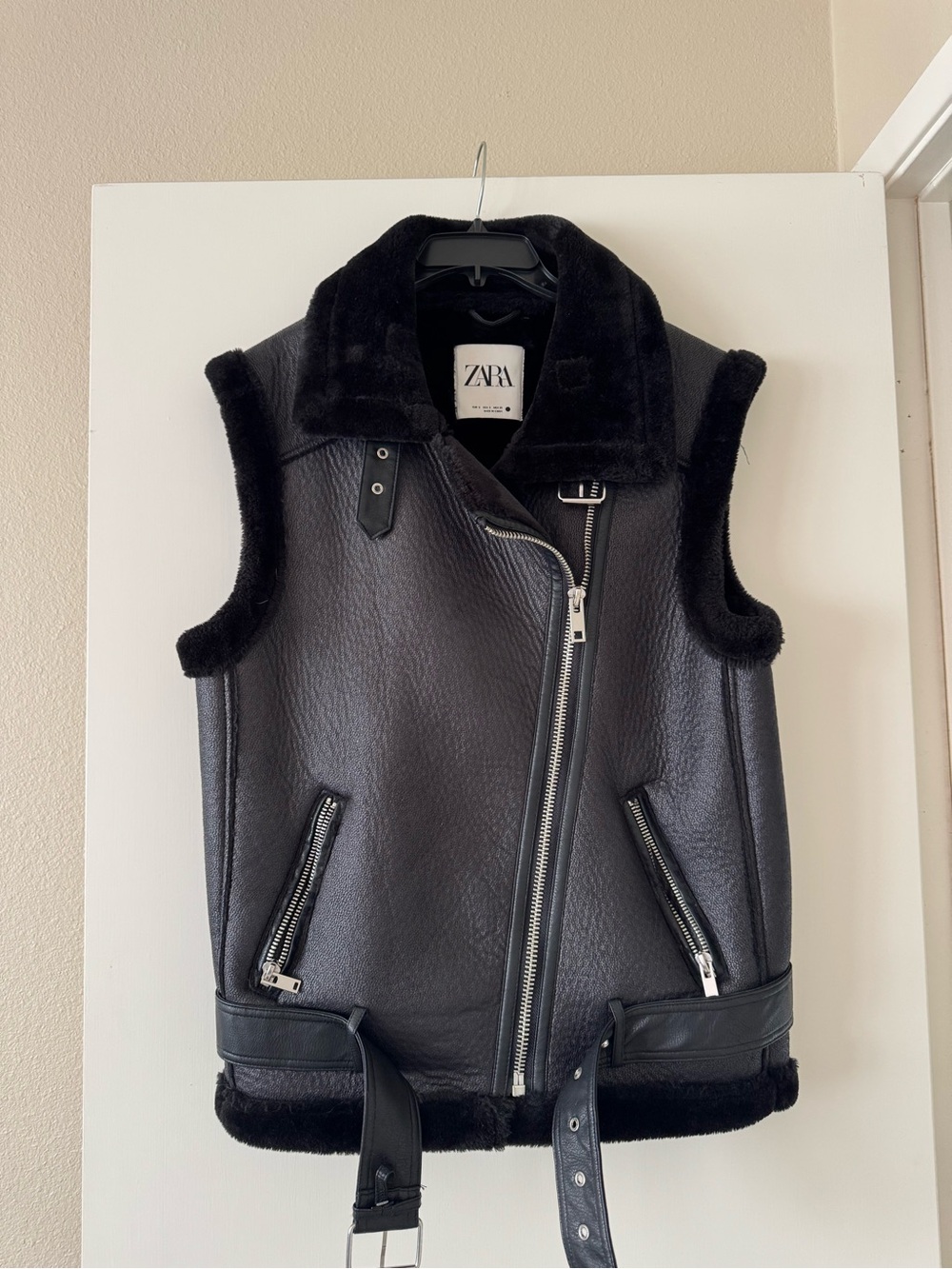 Zara Black Faux Leather Shearling Biker Vest
